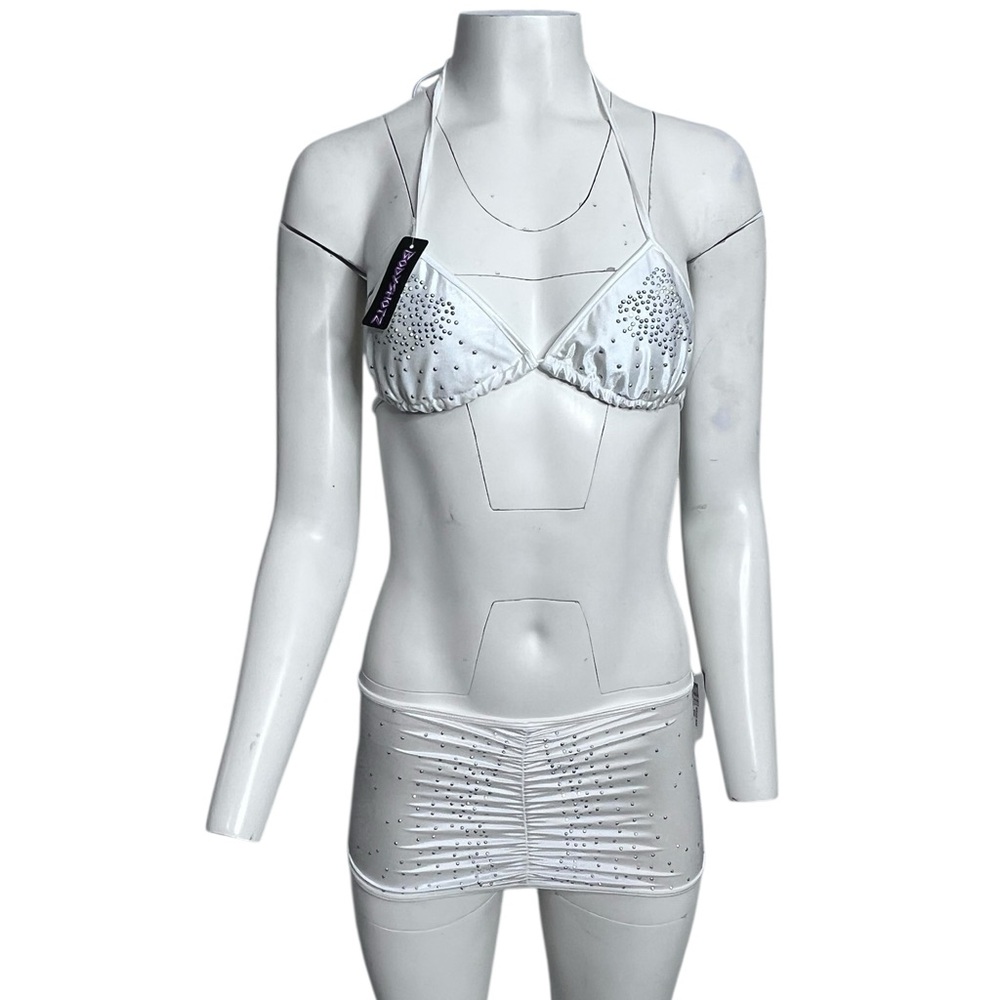 Body Shotz Scrunchy Mini Skirt & Bikini Top White Studded Fit XS/Small